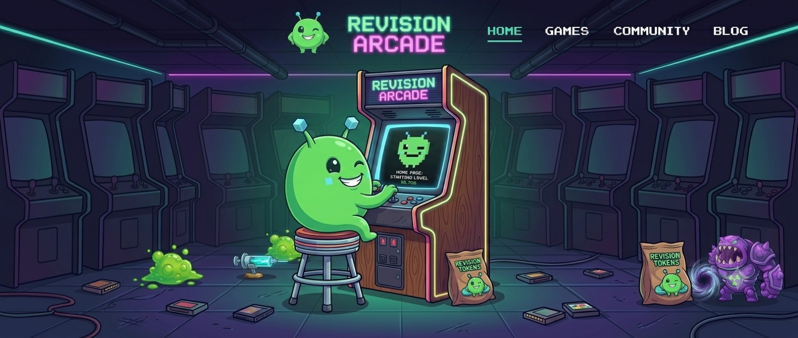 Wink, the Revision Arcade alien, sitting on a stool playing a Revision Arcade cabinet in a neon arcade